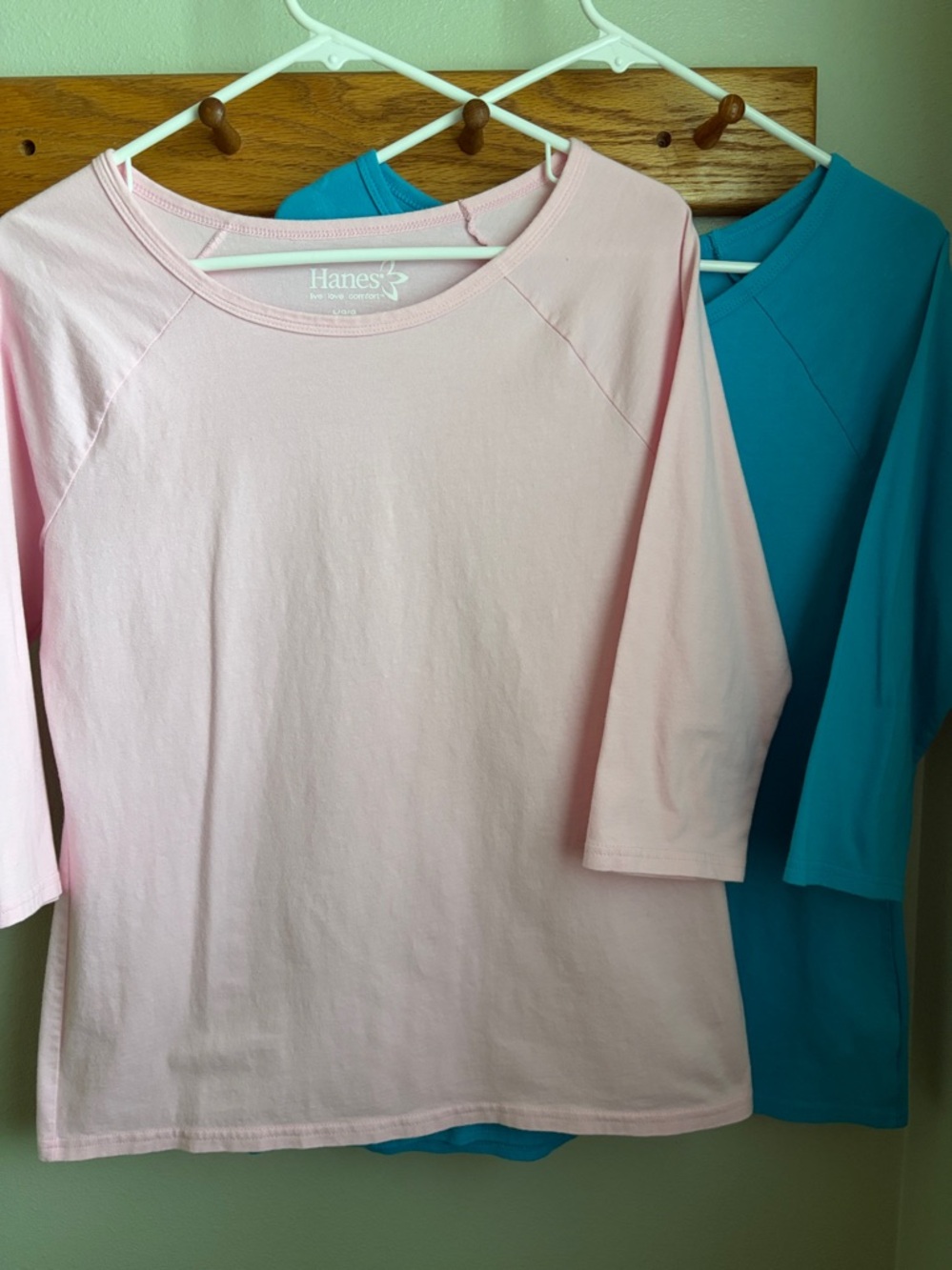 2 Hanes Women's 3/4 Sleeve Scoop Neck Top.  One Teal/One Pink - Large